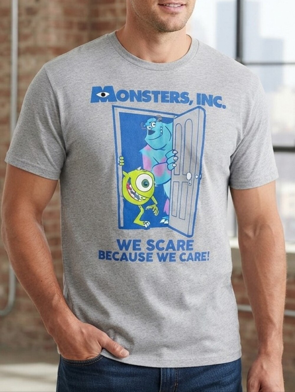 Pixar Monsters Inc We Scare Because We Care  Tee Gray T-Shirt Large Y2K Retro